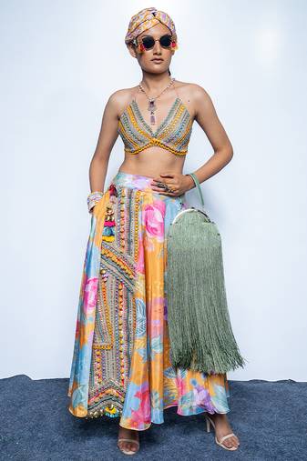 multicolor embroidered crepe lehenga