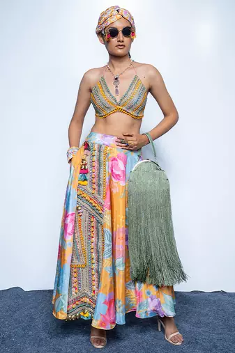 multicolor embroidered crepe lehenga