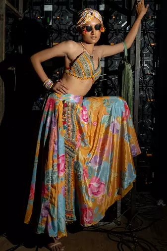 multicolor embroidered crepe lehenga