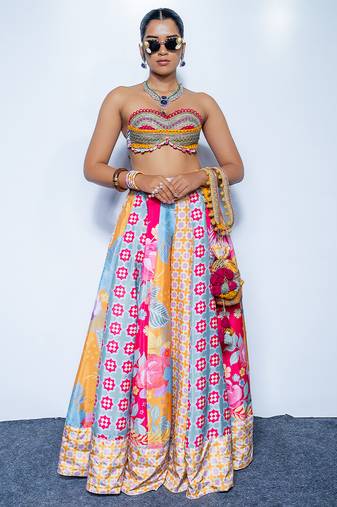 multicolor printed crepe lehenga