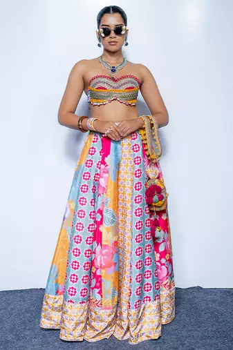 multicolor printed crepe lehenga