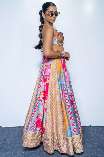 multicolor printed crepe lehenga