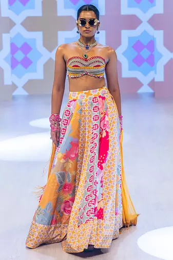 multicolor printed crepe lehenga