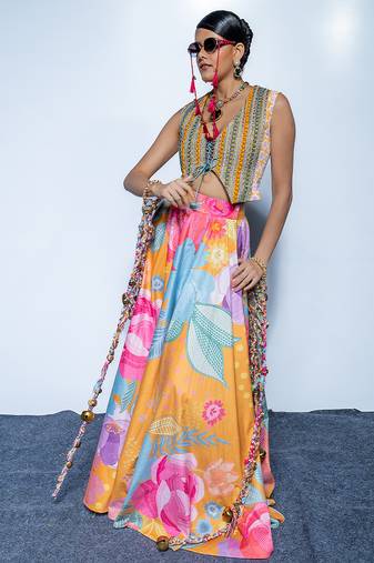 multicolor printed crepe lehenga