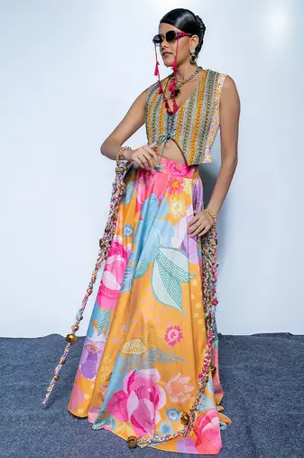 multicolor printed crepe lehenga