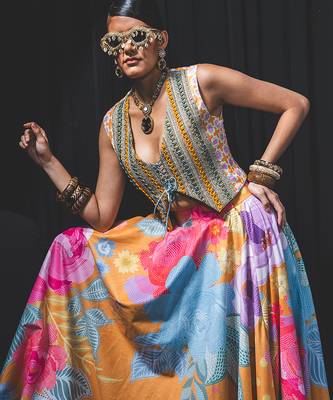multicolor printed crepe lehenga 3