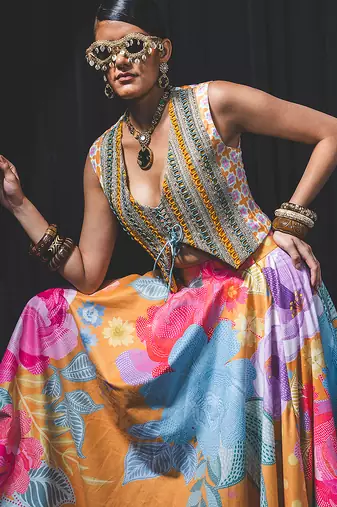 multicolor printed crepe lehenga