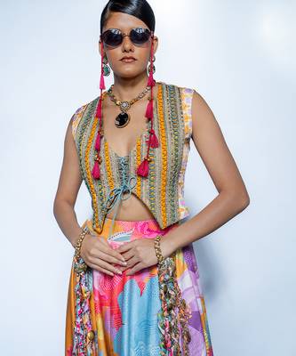 multicolor printed crepe lehenga 4