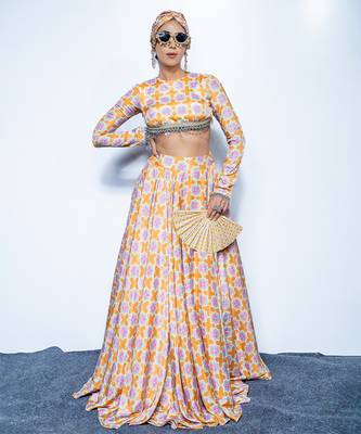 saffron printed crepe lehenga 1