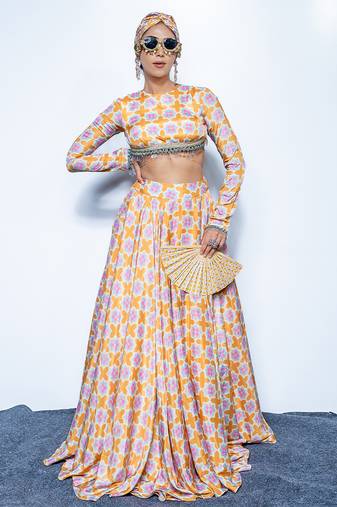 saffron printed crepe lehenga