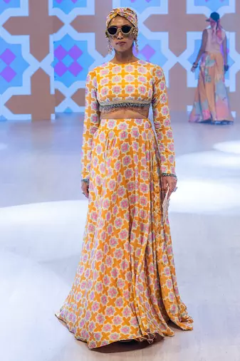 saffron printed crepe lehenga