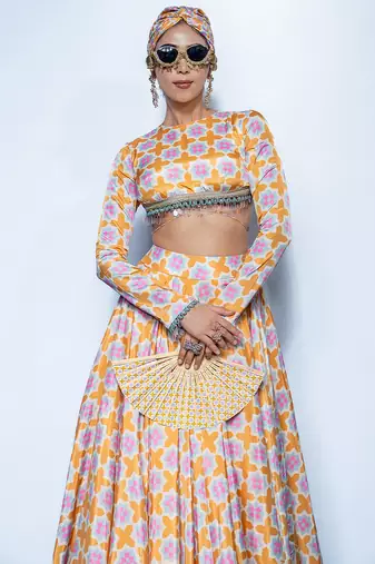saffron printed crepe lehenga