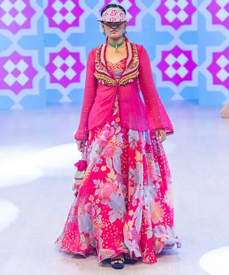 pink printed organza lehenga 1
