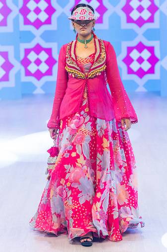 pink printed organza lehenga