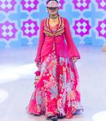 pink printed organza lehenga