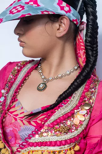 pink printed organza lehenga
