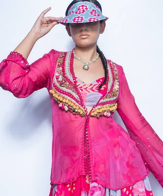 pink printed organza lehenga 3