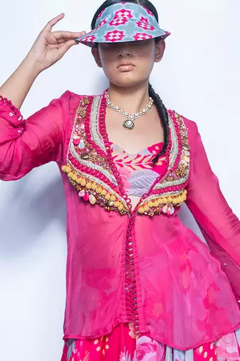 pink printed organza lehenga