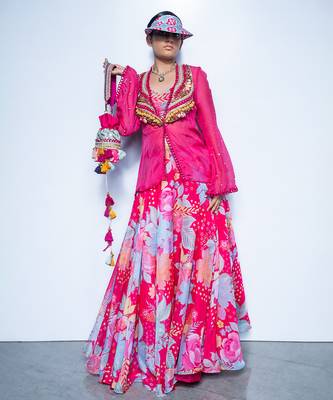 pink printed organza lehenga 4