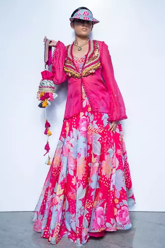 pink printed organza lehenga