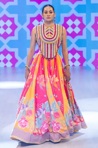 multicolor printed velvet lehenga
