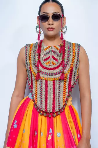 multicolor printed velvet lehenga