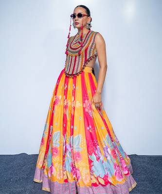 multicolor printed velvet lehenga 4