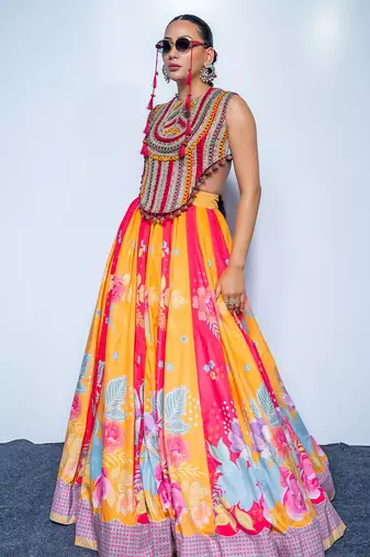 multicolor printed velvet lehenga