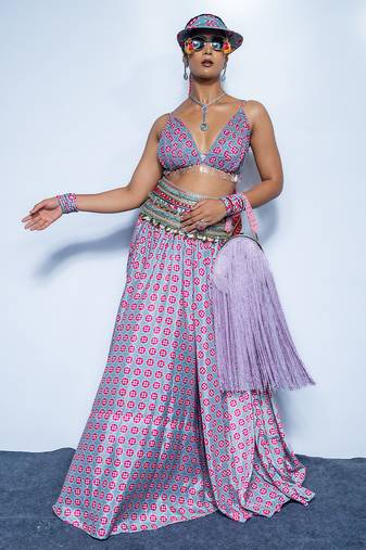 blue printed crepe lehenga