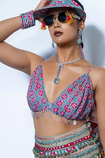 blue printed crepe lehenga