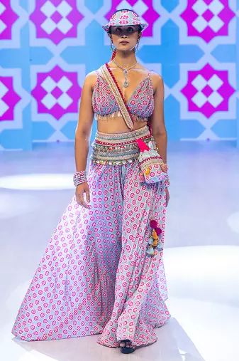 blue printed crepe lehenga
