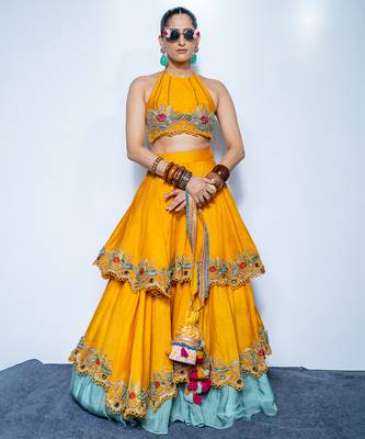 yellow embroidered silk lehenga 1
