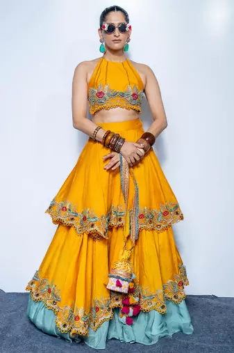 yellow embroidered silk lehenga