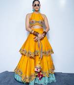 yellow embroidered silk lehenga