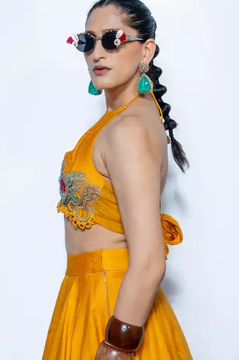 yellow embroidered silk lehenga
