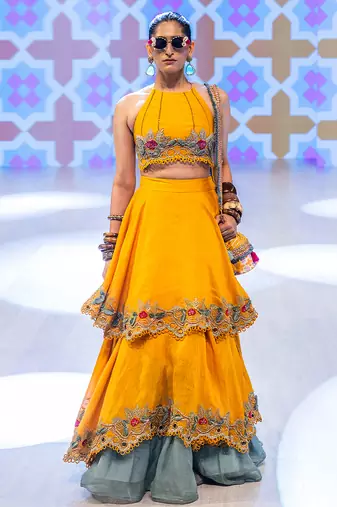 yellow embroidered silk lehenga