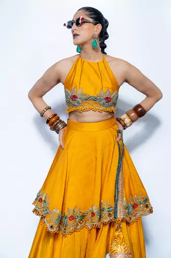 yellow embroidered silk lehenga