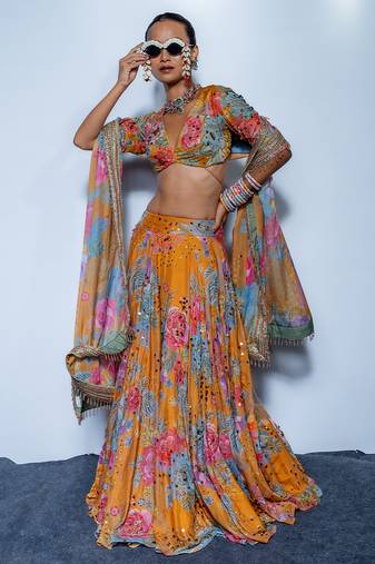 multicolor embroidered organza lehenga