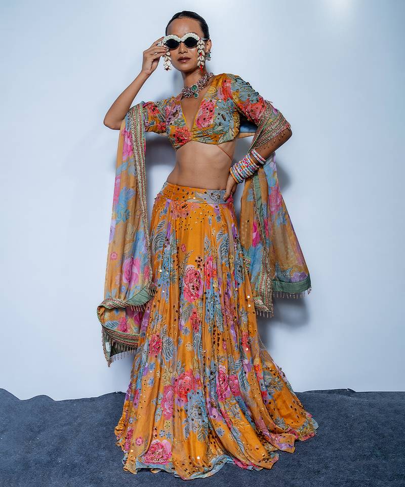 multicolor embroidered organza lehenga