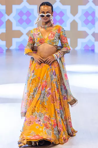multicolor embroidered organza lehenga