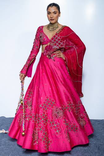 pink embroidered chanderi lehenga