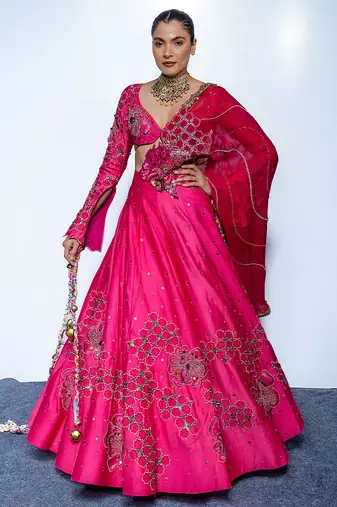 pink embroidered chanderi lehenga