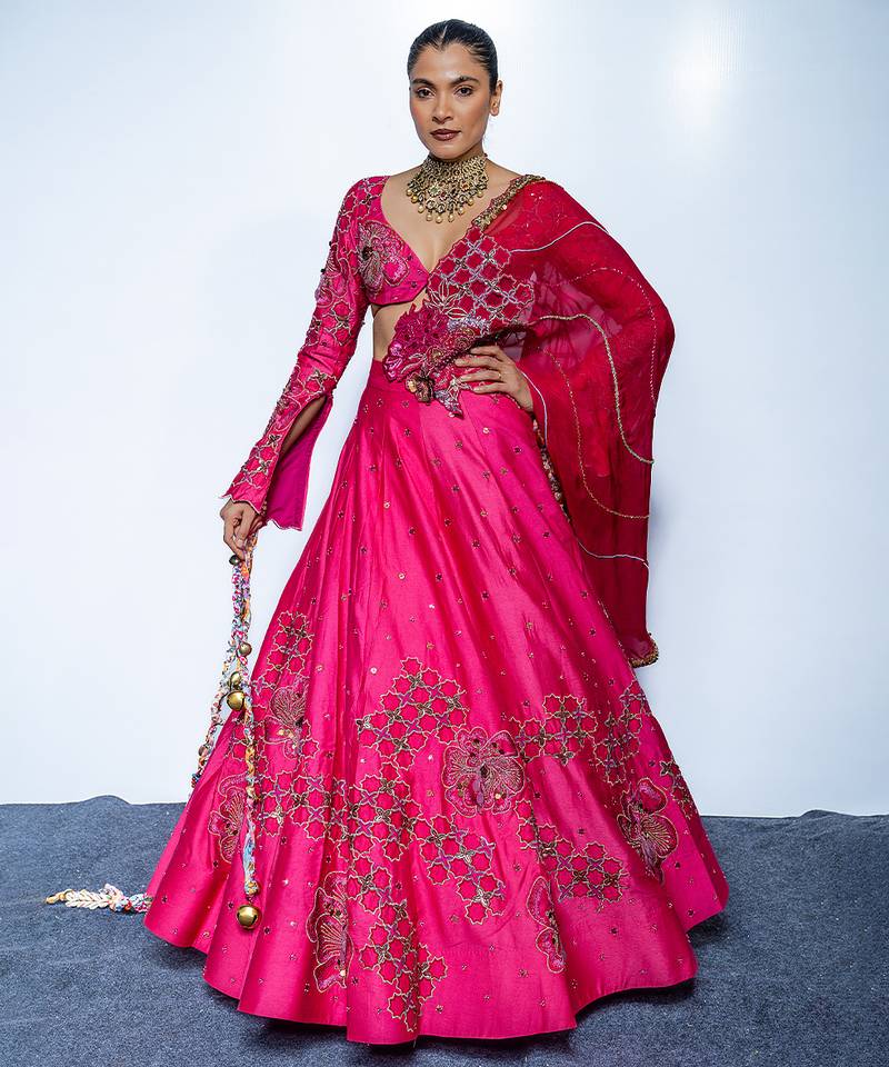 pink embroidered chanderi lehenga
