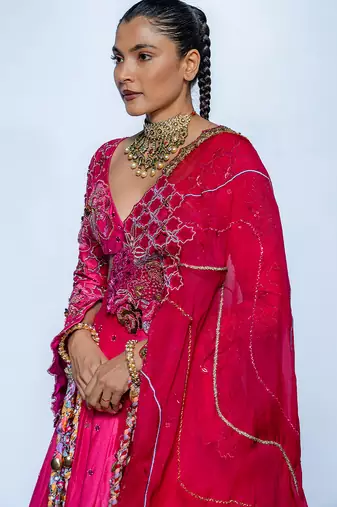 pink embroidered chanderi lehenga