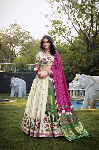off white Khadi Cotton lehenga choli with Sequin Embroidery