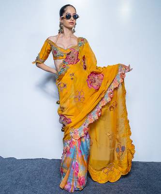 Yellow embroidered organza saree 1