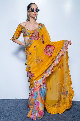 Yellow embroidered organza saree