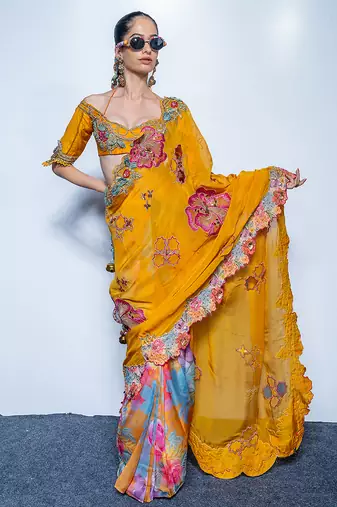 Yellow embroidered organza saree