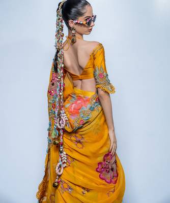 Yellow embroidered organza saree 2