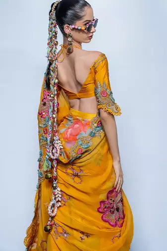 Yellow embroidered organza saree